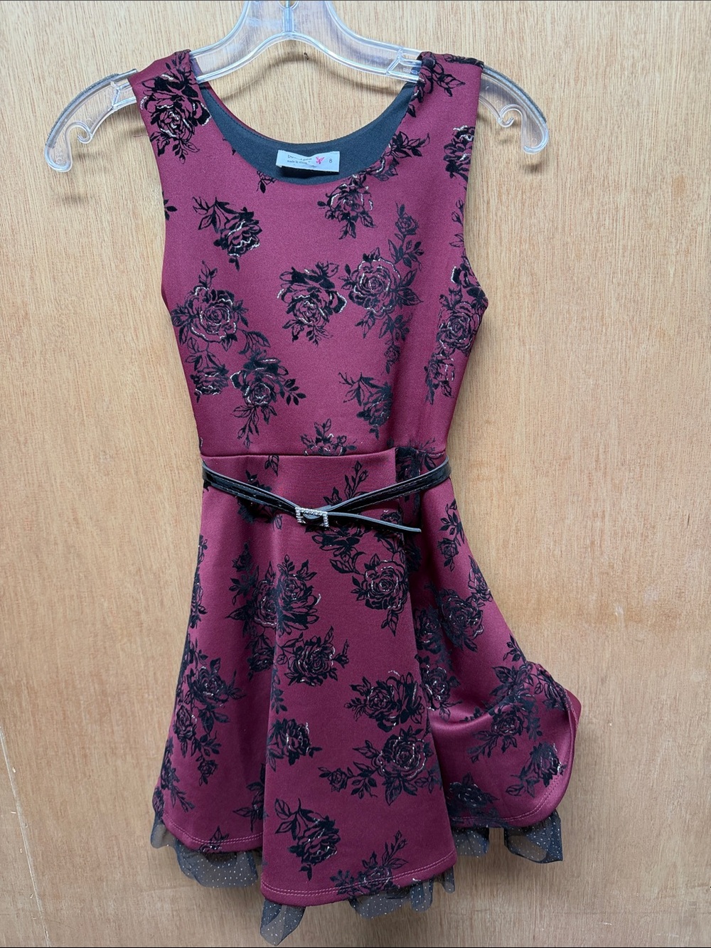 Beautees Burgundy Floral Fit & Flare Dress with Black Belt